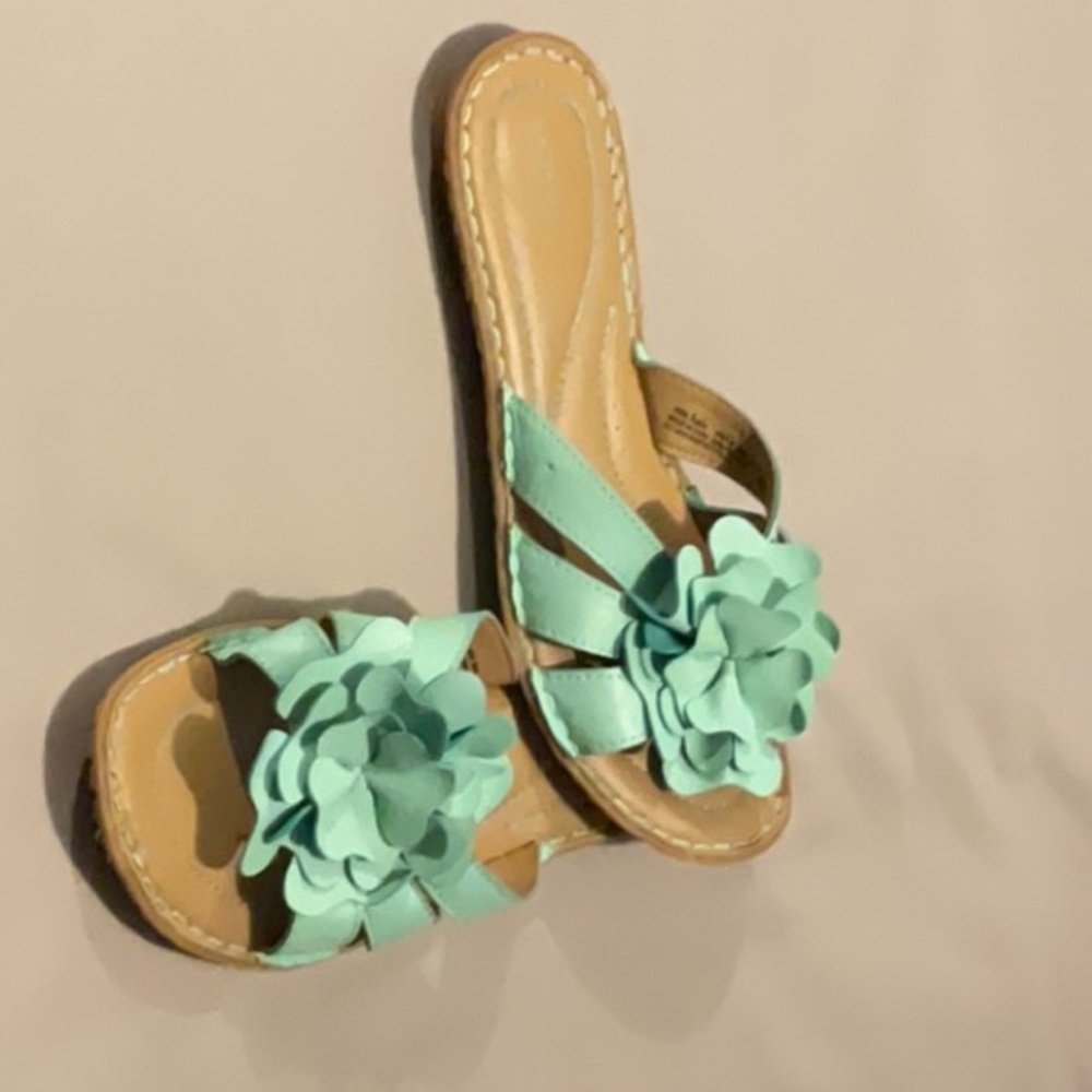 Sonoma Aqua Blue and Tan Slide Sandals with Floral Detail Sz 8M